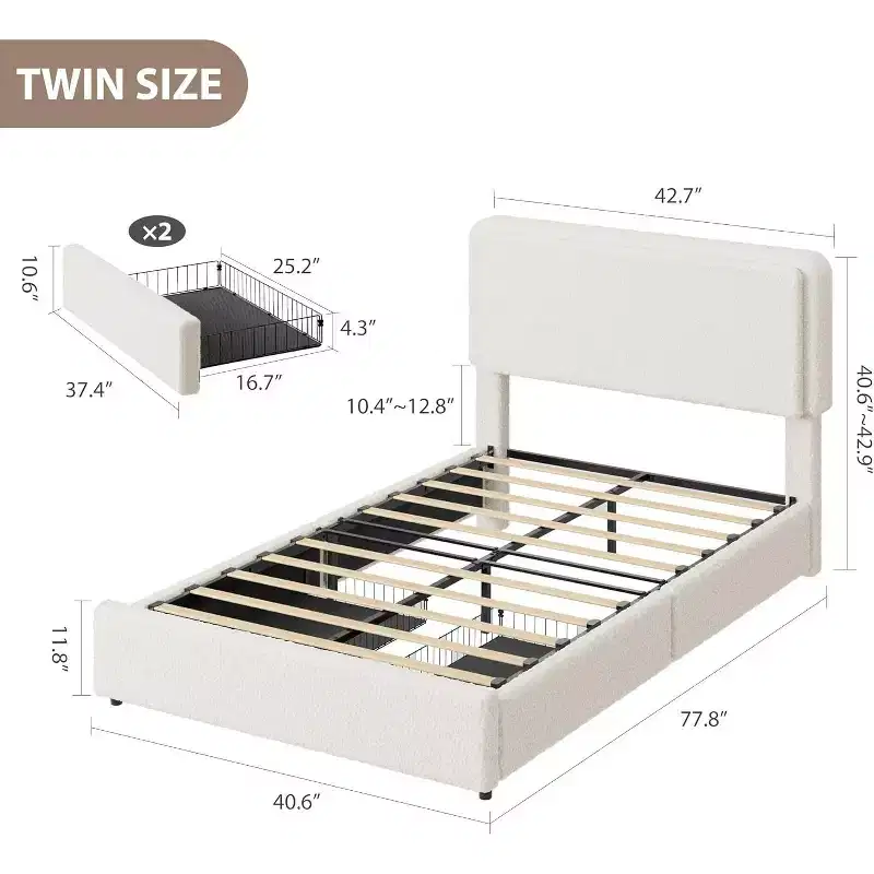 Teddy Fleece Twin Size Bed Frame, Cloud Cream Bed Frame with 2 Storage Drawer and Adjustable Headboard, No Box Spring Required, Cream