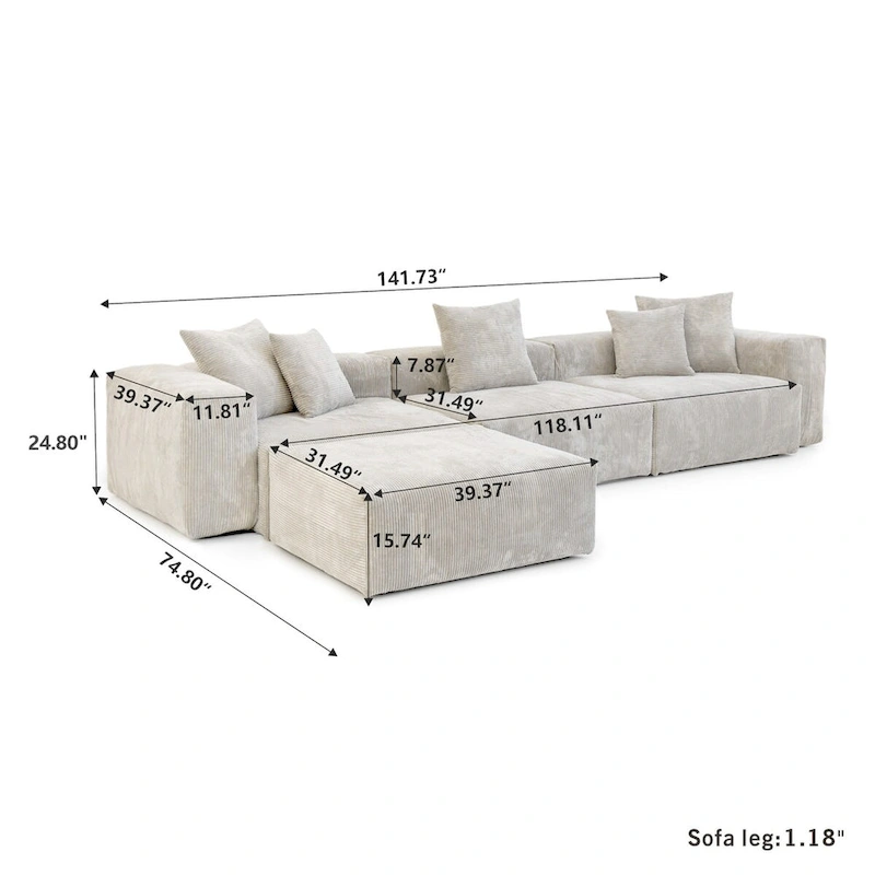 Modern Sectional Couch Sofa with 5 Pillows, Luxurious Modular Sectional Couch with Chaise Ottoman