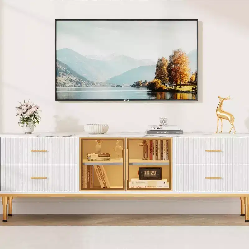 65 Inch TV Stand with LED Lights, Modern Console with 4 Drawers, Shelves & Glass Doors for 55-75 Inch TVs