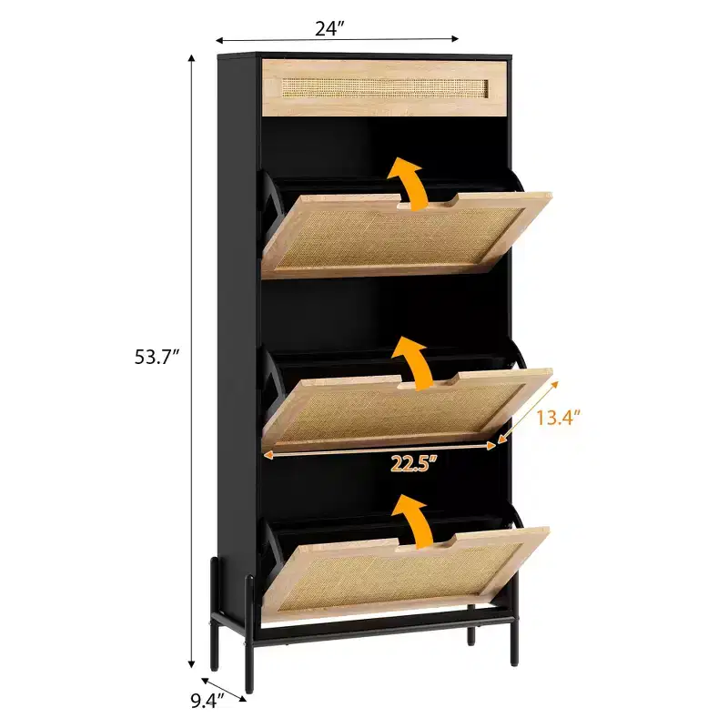 Natural Rattan 3 Flip Door with 1 Drawer Shoe Rack Storage Cabinet, Shoe Cabinet Organizer Freestanding with 3-Tier Adjustable Shelves for Entryway