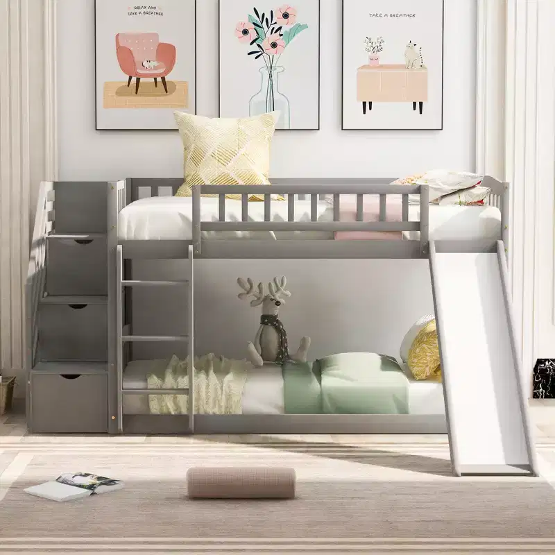 Kids Bunk Bed Twin over Twin Wooden Floor Bunk Bed with Slide and Storage Stairway