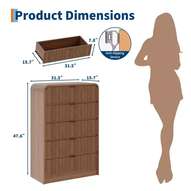 Fluted 5-Drawer Tall Dresser, Modern Bedroom Chest with Rounded Edges, Wood Finish Storage Furniture for Bedroom, Living Room & Hallway