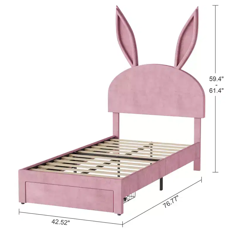 Twin Upholstered Bed Frame, Girls Bed with Rabbit Headboard Adjustable, Princess Platform Bed with Storage Drawer, Velvet Pink