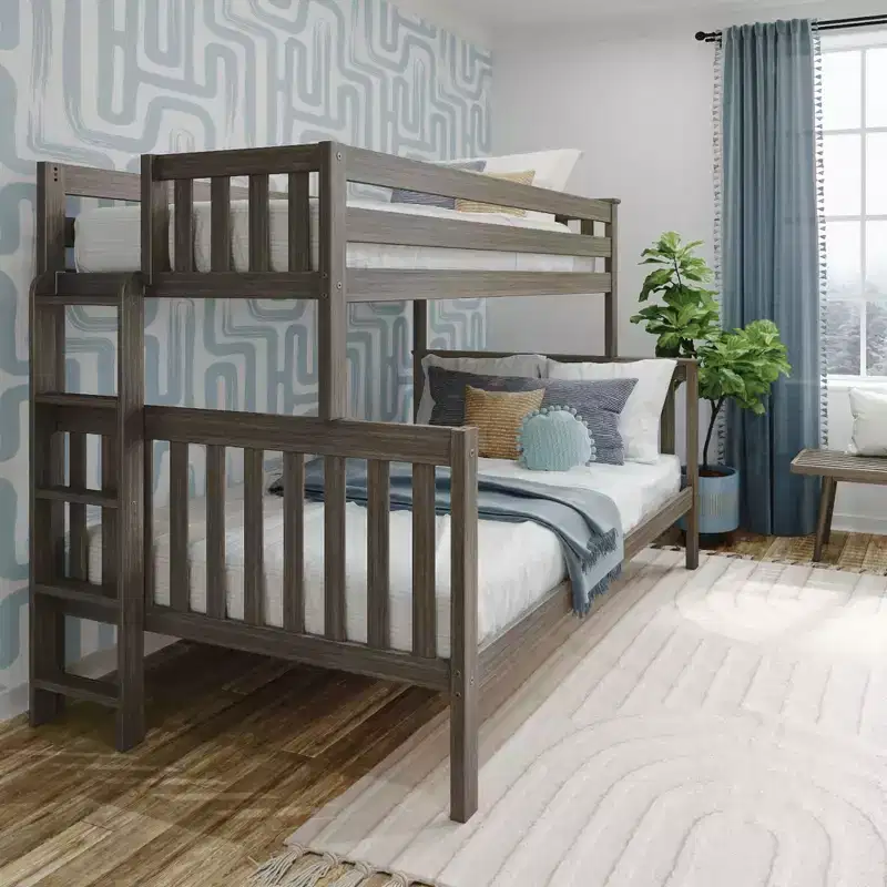 Solid Wood Bunk Bed, Twin over Full with Ladder on End for Kids