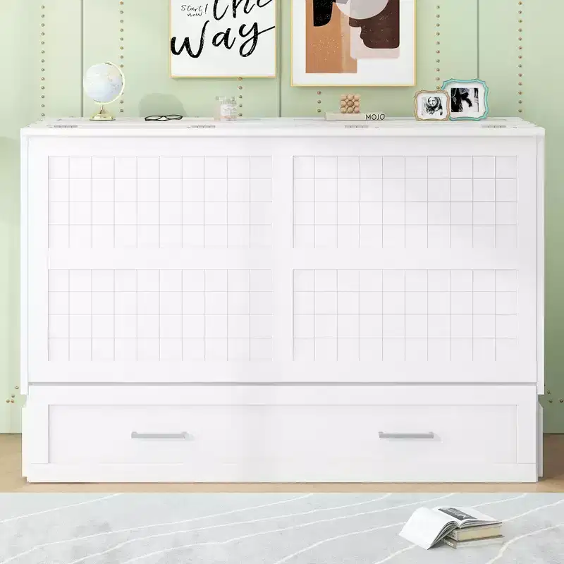 Queen Size Murphy Bed Wall Bed with Storage Drawer, Cabinet Bed Folding Wall Bed with Shelves for Guest Room Bedroom Office, White