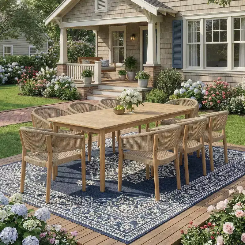 Christopher Knight Home Emeric Bohemian 9 Piece Outdoor Acacia Wood Rope Dining Seating with Slatted Table
