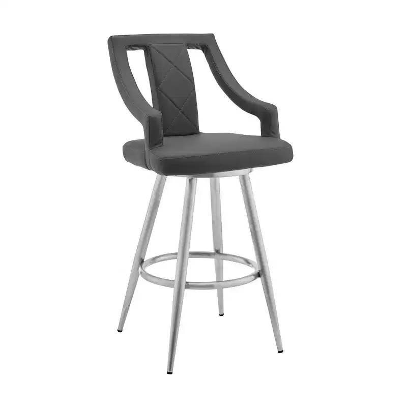 26" Maxen Counter Height Barstool with Gray Faux Leather Brushed Stainless Steel Finish - Armen Living: Swivel, Footrest, Modern Design