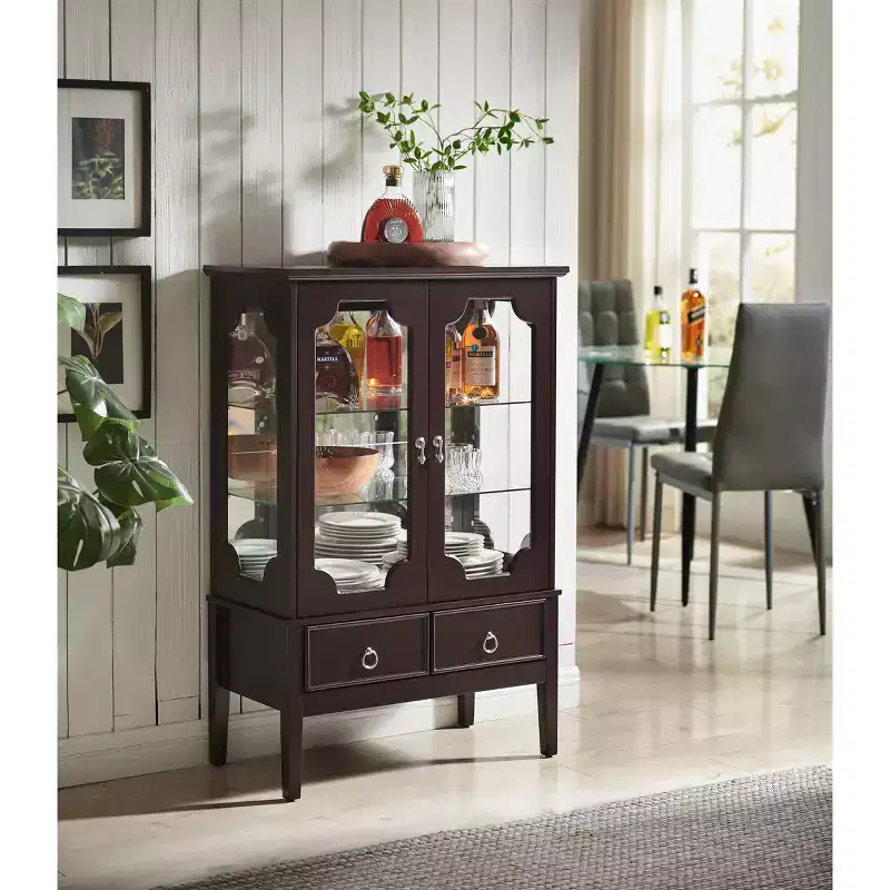 Gold Curio Storage Cabinet with Glass Doors & 2 Drawers, MDF, 28