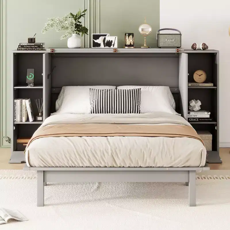 Queen/Full Murphy Bed Foldable into Cabinet, Wooden Platform Bedframe with Shelves, Drawers