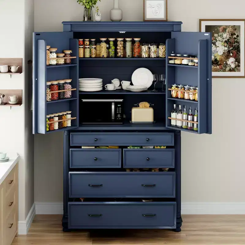 GDFStudio Elea Freestanding Tall Kitchen Pantry Cabinet with 5 Drawers, 6 Door Shelves and 2 Adjustable Shelves