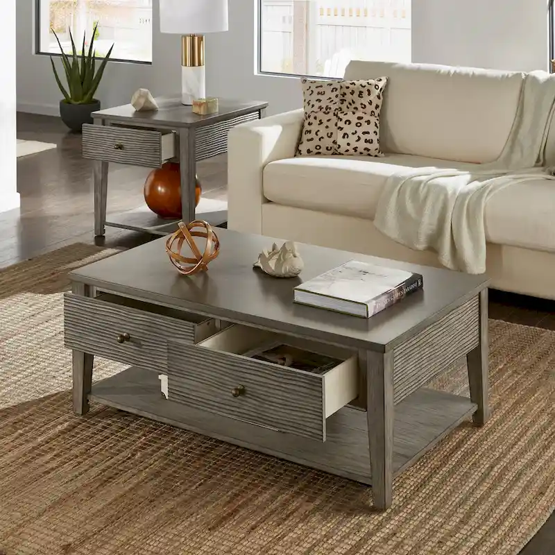 Antique Grey Fiber Cement Accent Table with Storage Shelf, Industrial Style, Living Room Side Table