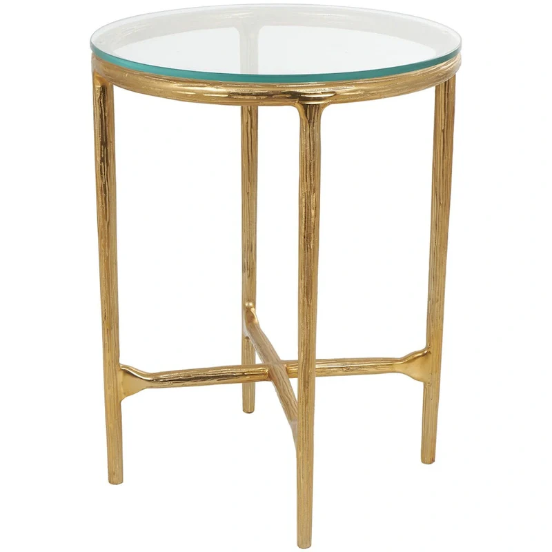 Gold / Silver Textured Metal Side Table with Glass Top – Modern Farmhouse, 1-Person Use