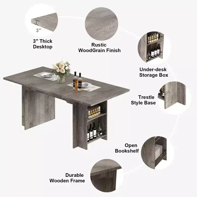 Rustic Wooden 63 Inch Farmhouse Dining Table with 4 Storage Shelves and Large Tabletop for 6 for Dining Room, Living Room, Kitchen