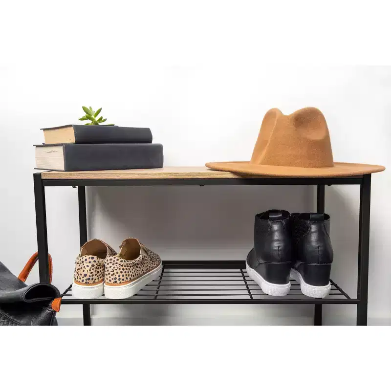 3-Tier Shoe Rack, Black Metal with Natural Wood Top