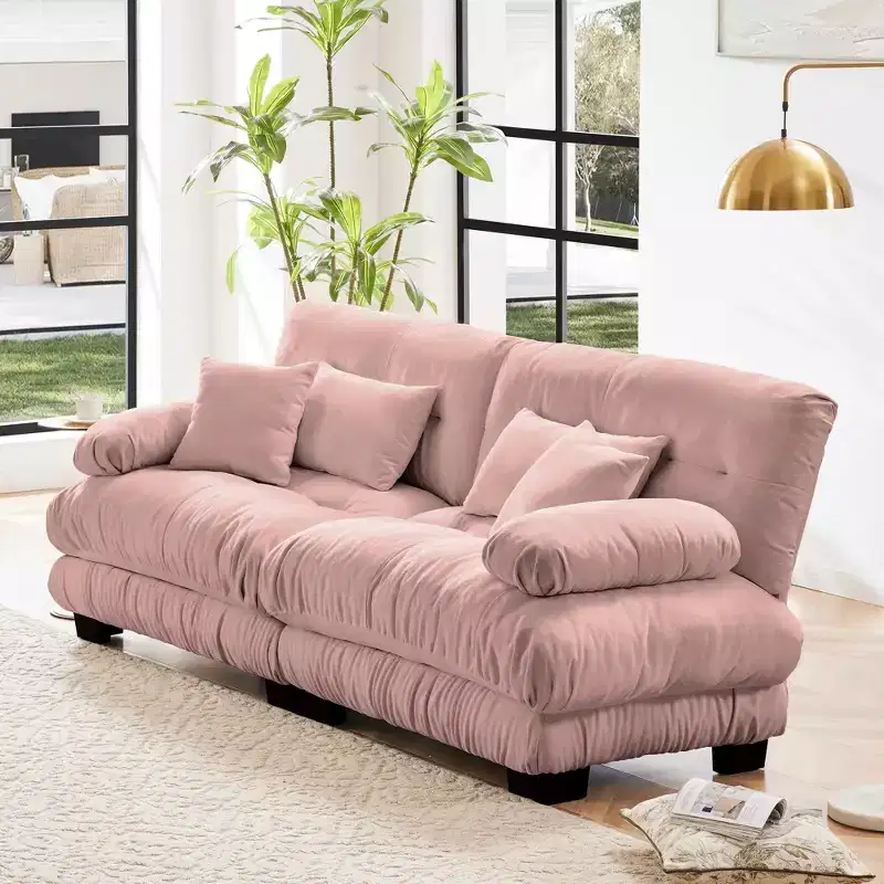 2 Seater Sofa with 2 Seat 2 Lumbar Pillows 2 Throw Pillows for Living Room Pink