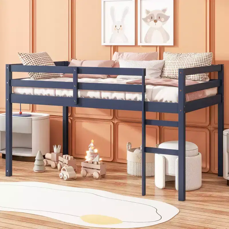 MAYEERTY Twin Loft Bed Solid Rubber Wooden with Ladder Bed Platform of Strengthened Slats Blue