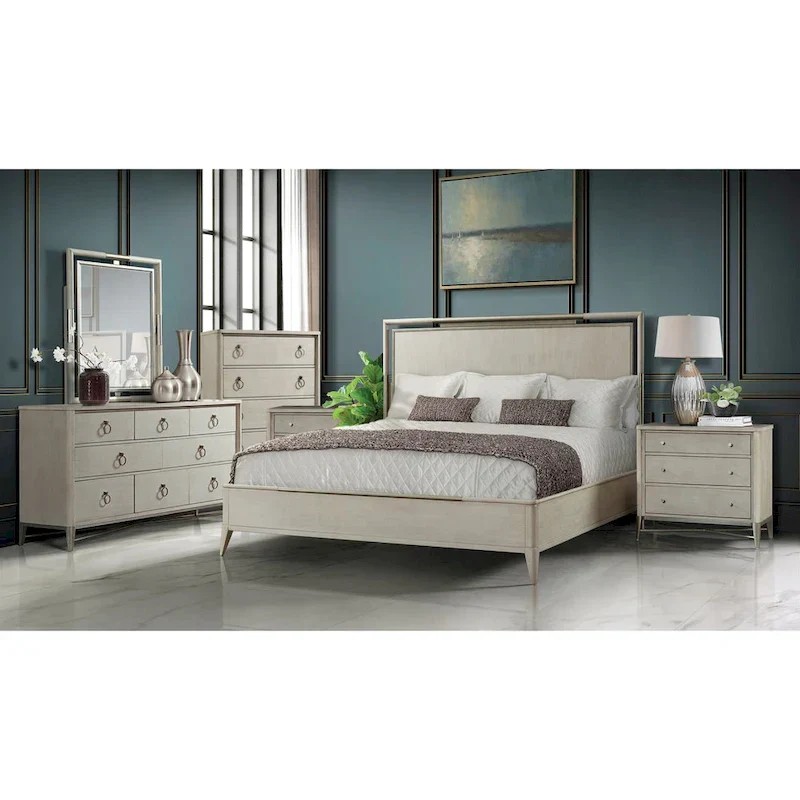 5-Piece Bedroom Set with Panel Bed, Dresser, Mirror, Nightstand & Chest, Champagne Finish, King