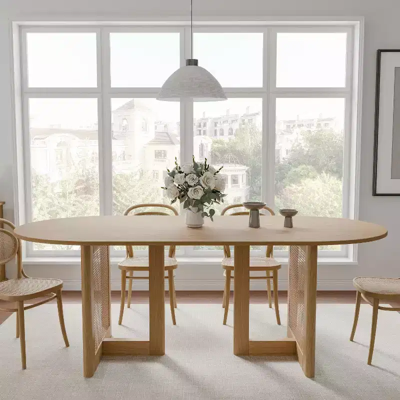 PexFix 67 x 33.5 Modern Farmhouse Kitchen Dining Room Table Home Furniture Oval Oak Kitchen Table with Rattan Woven Legs for Kitchen Bar Living Room