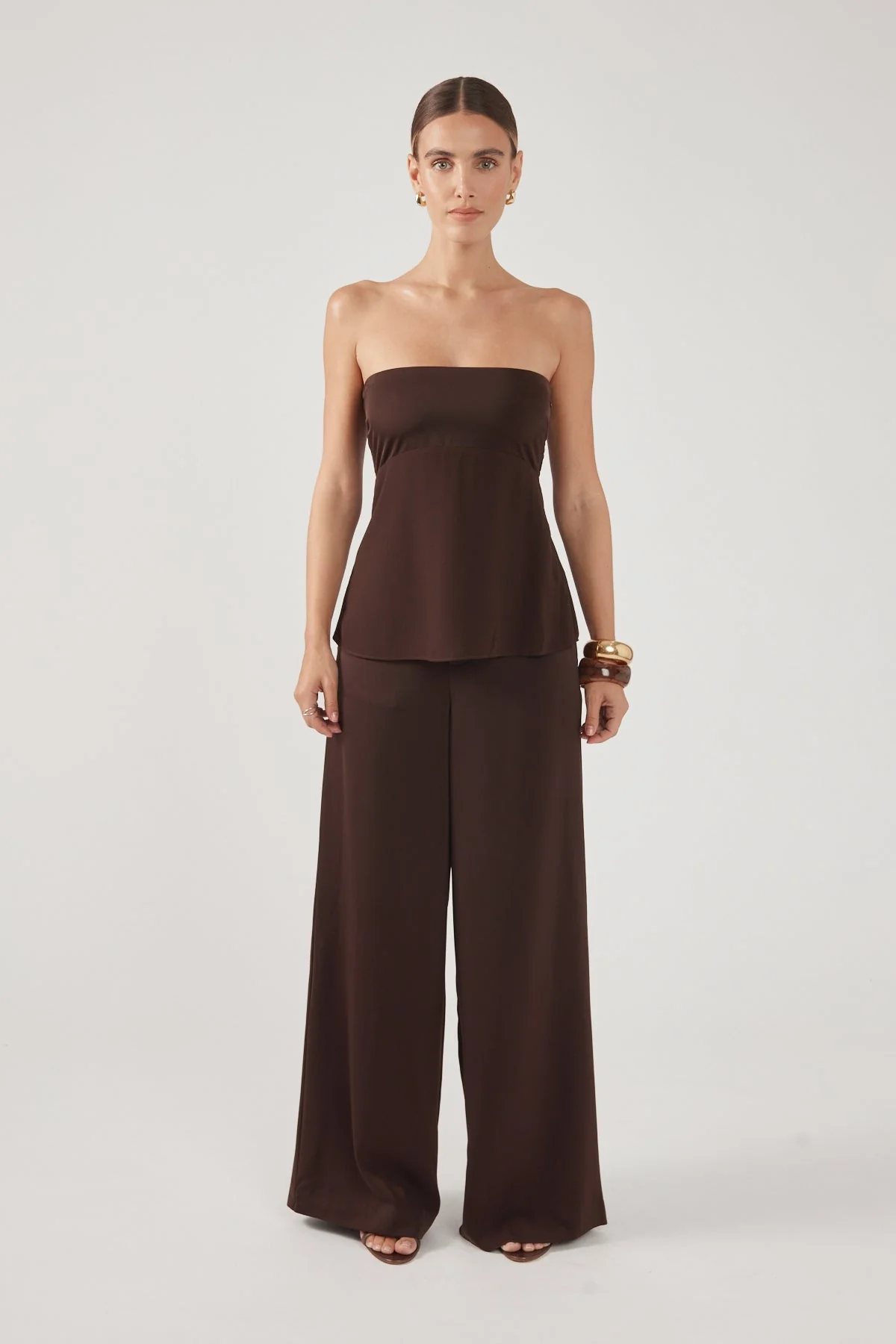 Satin Mid Rise Tailored Pants Brown
