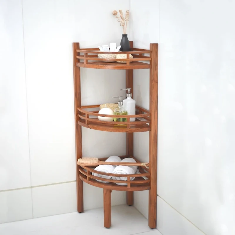Brown Stained Teak Corner Shelf, 3-Shelf