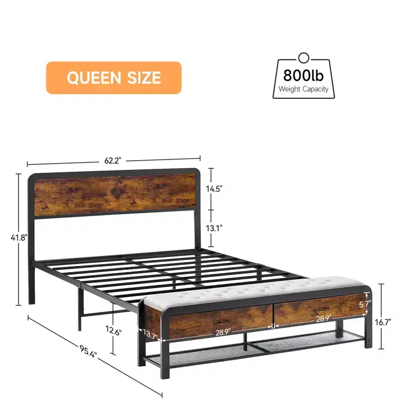 Queen Size Platform Bed Frame with Headboard, 2 Storage Drawers and Matching Footstool, Heavy-Duty Metal Supports, No Box Spring Required, No Noise