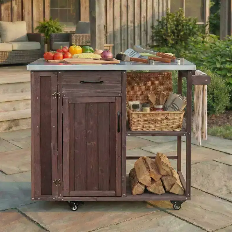 Outdoor Kitchen Island Fir Wood Prep Station with Stainless Steel Top