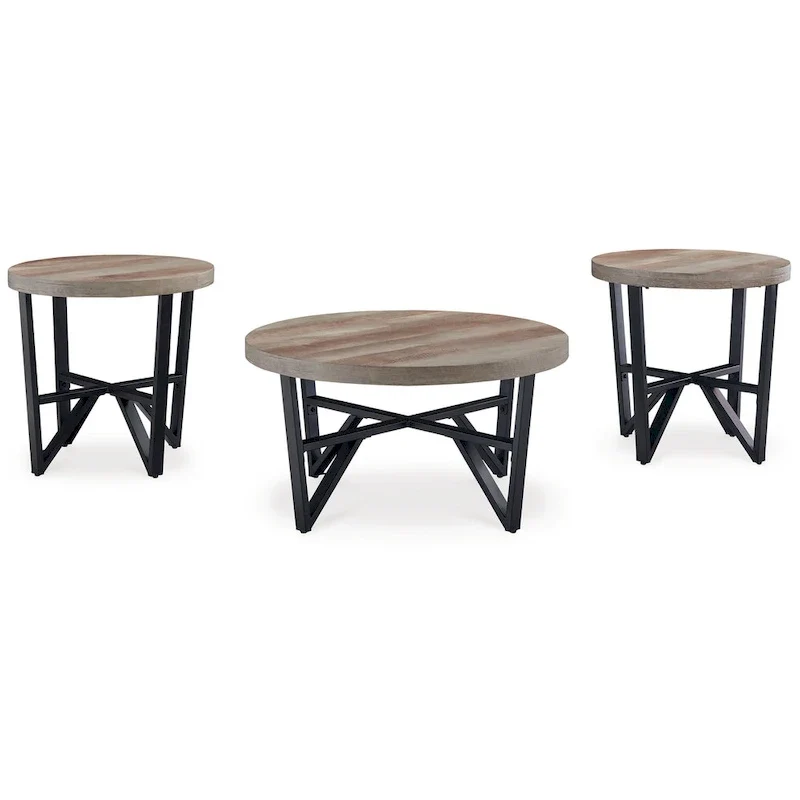 3-Piece Black & Brown Round Top Coffee and End Table Set