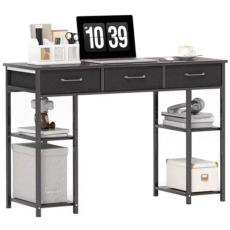 47in Writing Desk with 3 Fabric Drawers & Adjustable Shelves for Small Spaces, Black