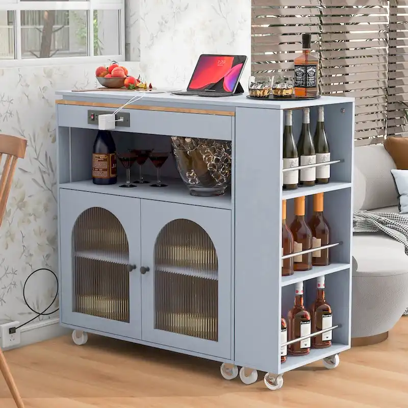 LED Lights Kitchen Island Cart With Extended Table and Power Outlets