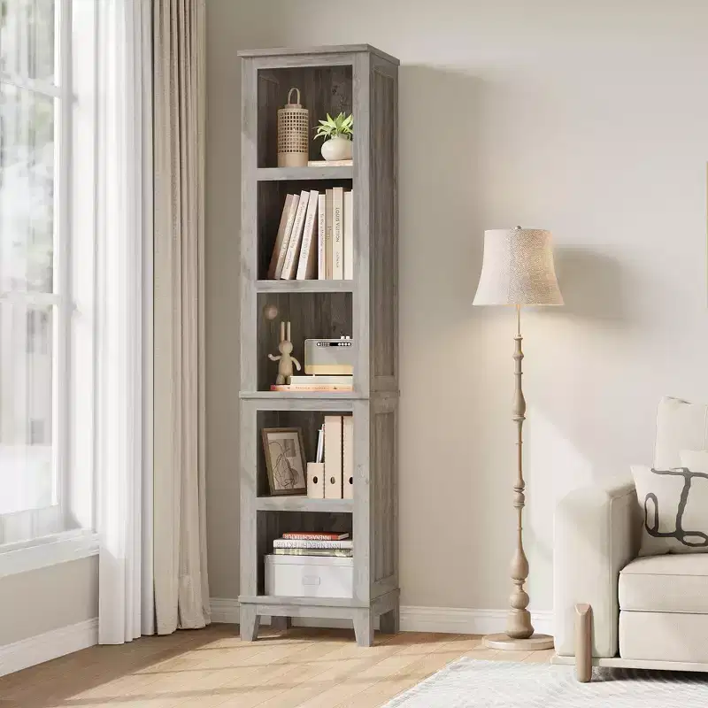 Narrow Bookcase 5 Tier Farmhouse Bookshelf Wooden Bookshelves Rustic Vintage Etagere Oak for Home Office, Living Room, Bed Room,Gray