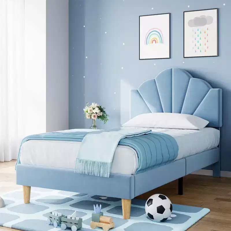 Twin/Twin XL Bed Frame, Velvet Upholstered Platform Bed Frame with Height Adjustable Headboard for Boys and Girls, Wood Slat Support