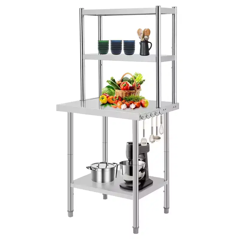 Stainless Steel Prep Table with Shelves & Hooks – 1,460 lb Capacity, Adjustable Height, Commercial Grade