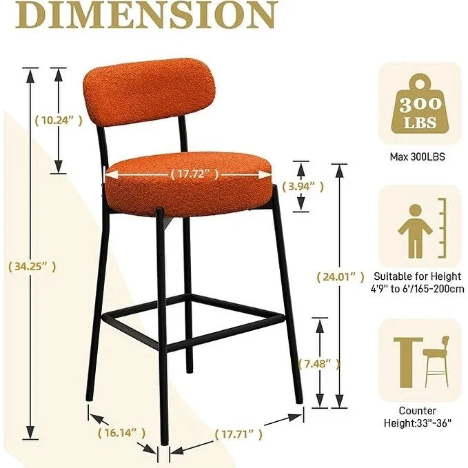 XINMICS 24 Inches Modern Counter Height Bar Stools with Curved Back Metal Legs, Upholstered Boucle Barstools, Set of 2/3/4 - N/A