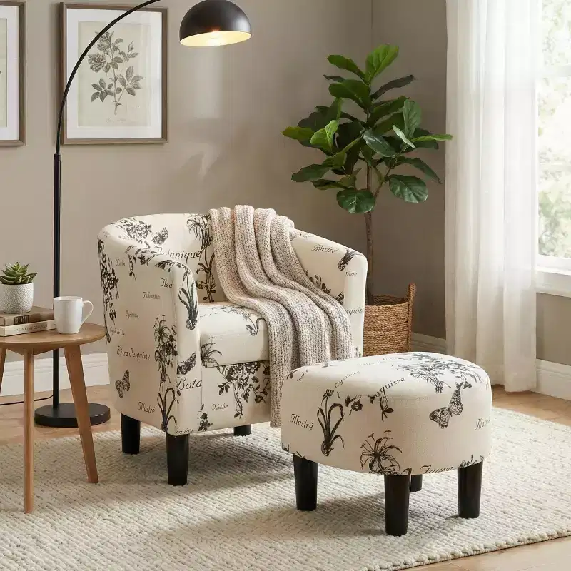 GDFStudio Everett Vintage Script Pattern Fabric Upholstered Barrel Back Accent Lounge Chair with Ottoman