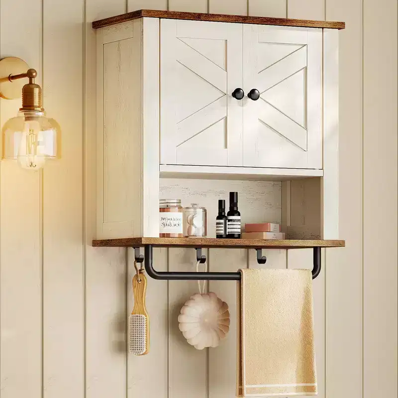 Wall-Mounted Storage Cabinet with Sliding Doors, Adjustable Shelf and Towel Bar, Rustic White