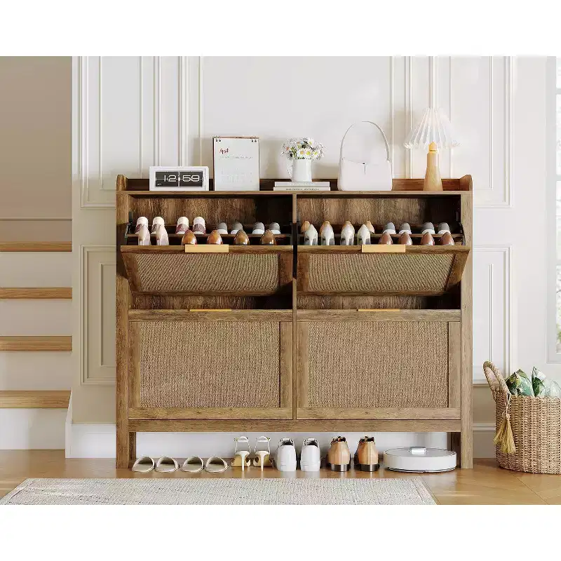 Farmhouse Rattan Shoe Cabinet, 47 Inch Boho Shoes Organizer with 4 Flip Drawers, Freestanding Narrow Shoe Rack for Entryway, Brown
