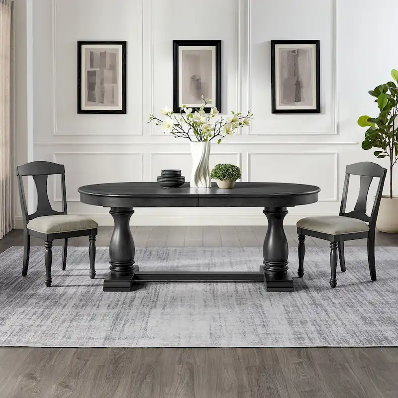 7 Pcs Solid Wood Dining Table Set, , Kitchen Extendable Dining Table Set with Curved Table and 6 Upholstered Chairs