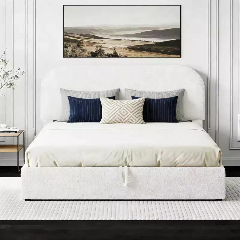 Queen Size Upholstered Bed with Lift-Up Storage - White