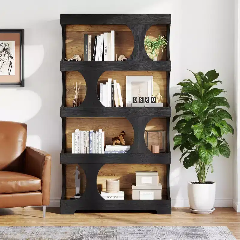 4-Tier S-Shaped Tall Bookcase, Modern Black & Brown Two-Tone Classic Design