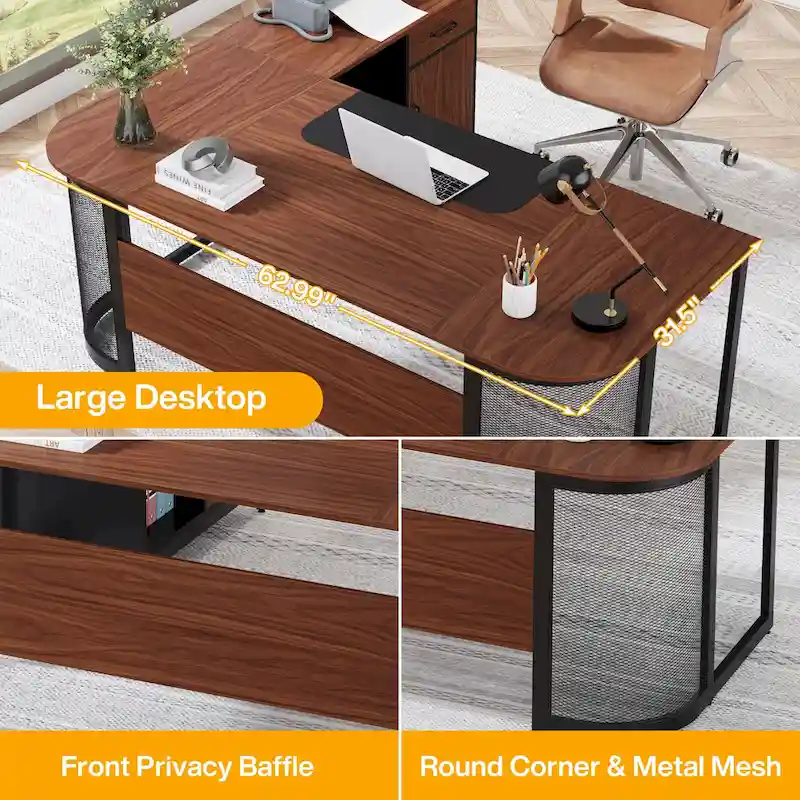 Large 63 L-Shaped Executive Office Desk with 31 File Cabinet