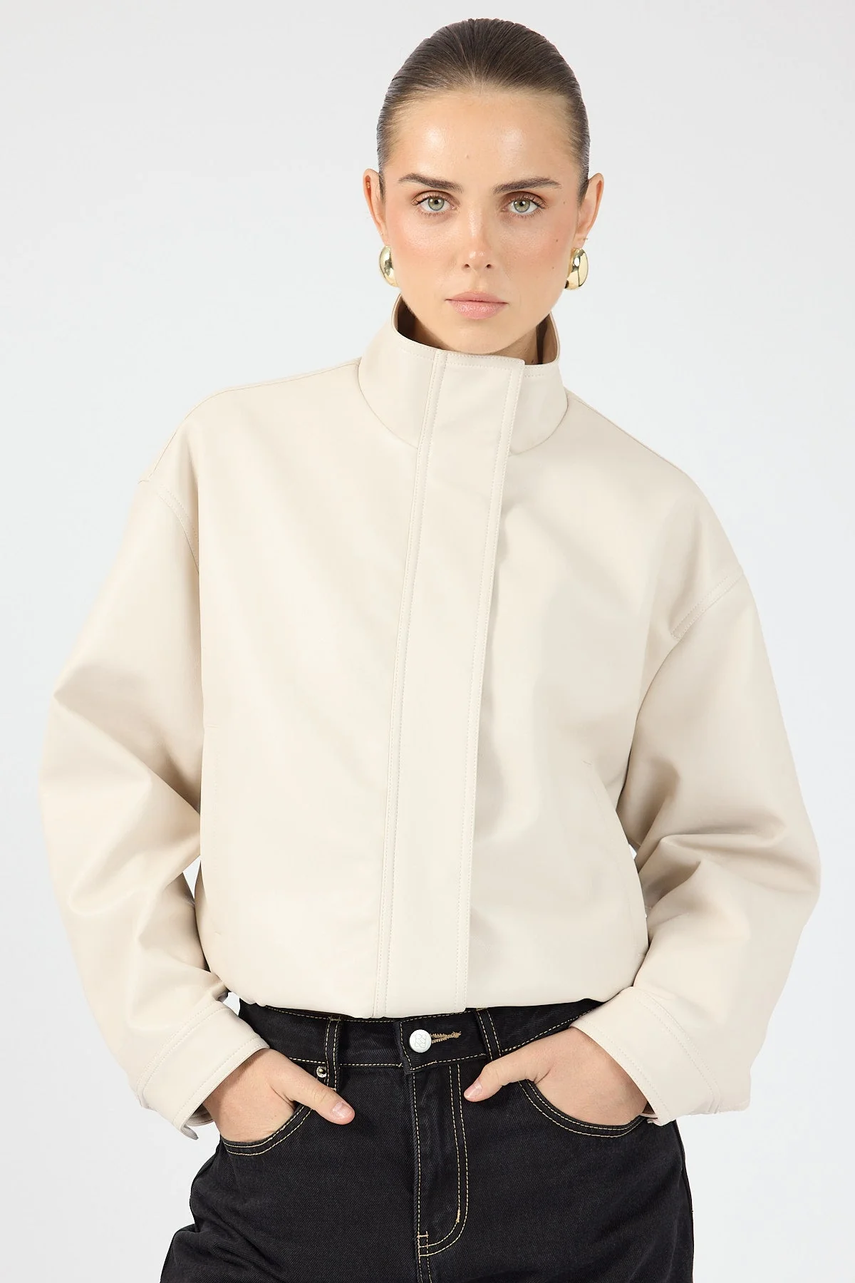 Funnel Neck Faux Leather Bomber Jacket Stone