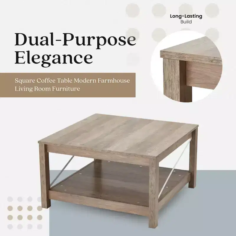 31.5 Inch Square Coffee Table with Bottom Storage Shelf, Modern Farmhouse Style Living Room Office Accent Table Furniture, Beige