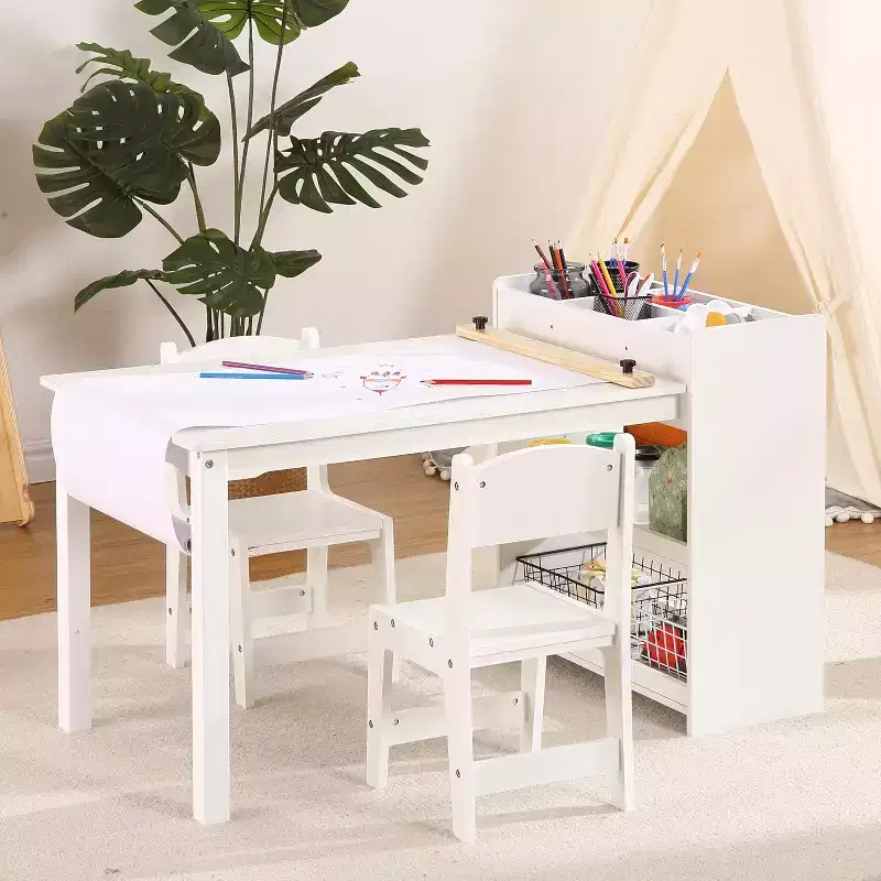 Toddler Craft Play Wood Activity Desk Kids Art Table, with Paper Roller & Storage, 2 Chairs, Children's Wooden Furniture