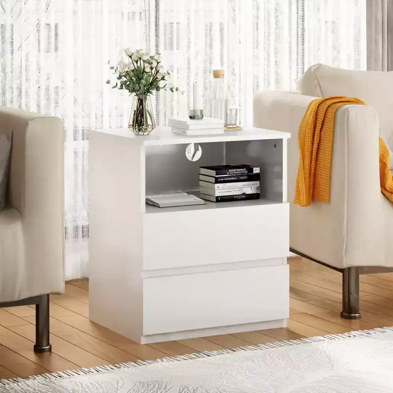 End Table with Fast USB c Charging Station, 2-Drawer Sofa Side Table with Large Storage, Modern White Particle Board Nightstand