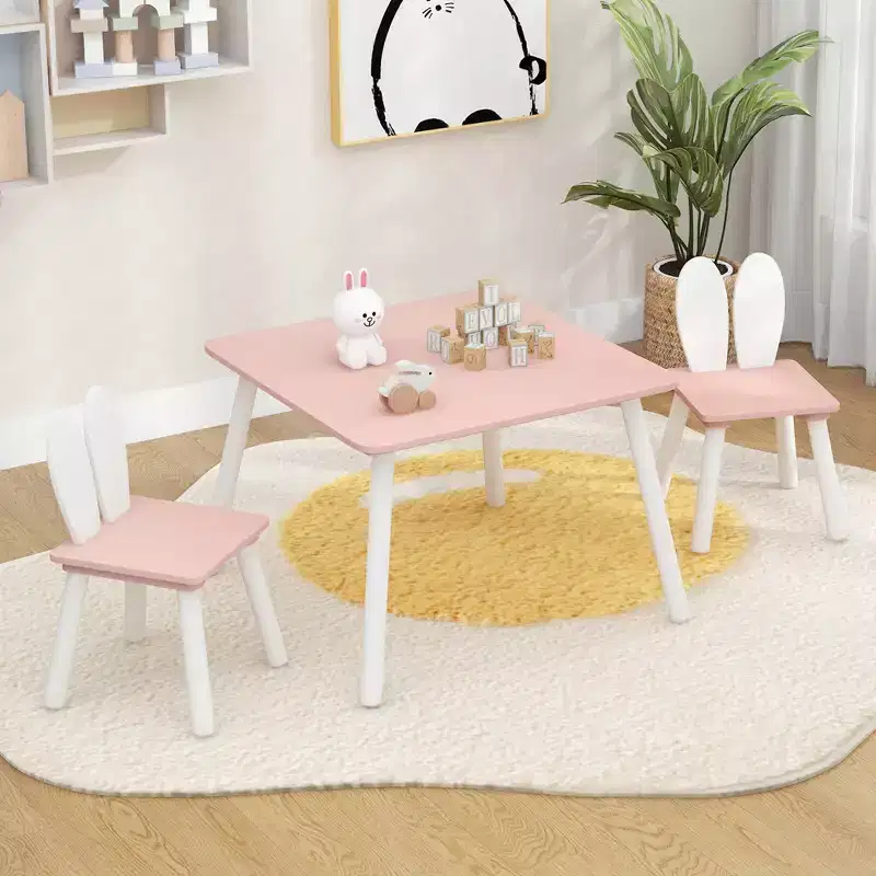 Costway 3 Pieces Kids Table & Chairs Set Children Wooden Furniture Set w/ Solid Wood Legs Pink