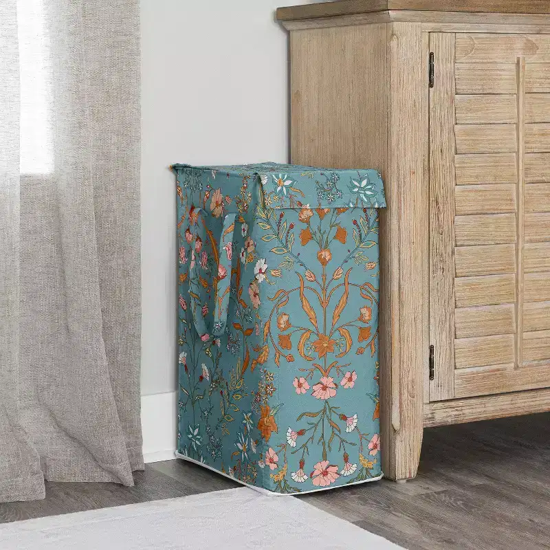 Sweet Jojo Designs Girl Foldable Laundry Hamper with Handles Boho Floral Wildflower Blue Orange and Pink