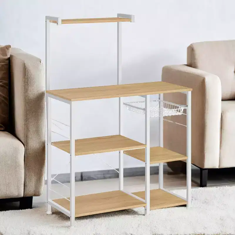 Bakers Rack, Microwave Stand, Kitchen Storage Rack with Wire Basket, 6 Hooks, and Shelves