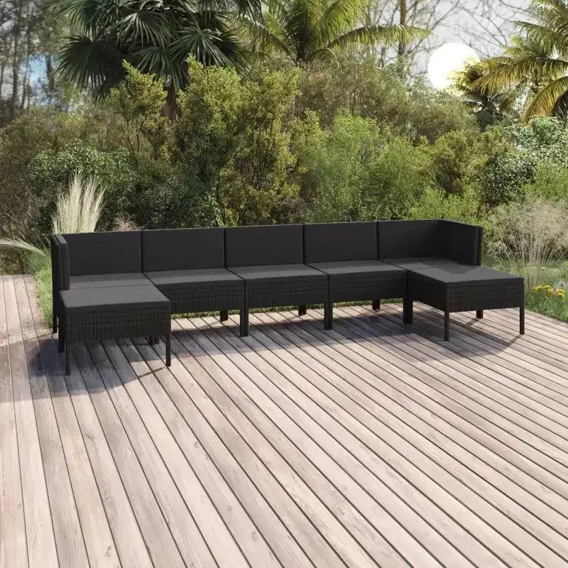 vidaXL 7-Piece Patio Lounge Set with Cushions - Poly Rattan, Black - Weather-Resistant, Outdoor Furniture with Soft Cushions and Easy Assembly