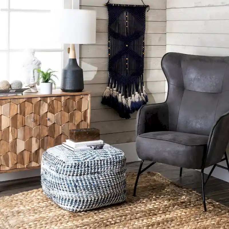 Blue Handmade Denim Ottoman Pouf, Single Seat