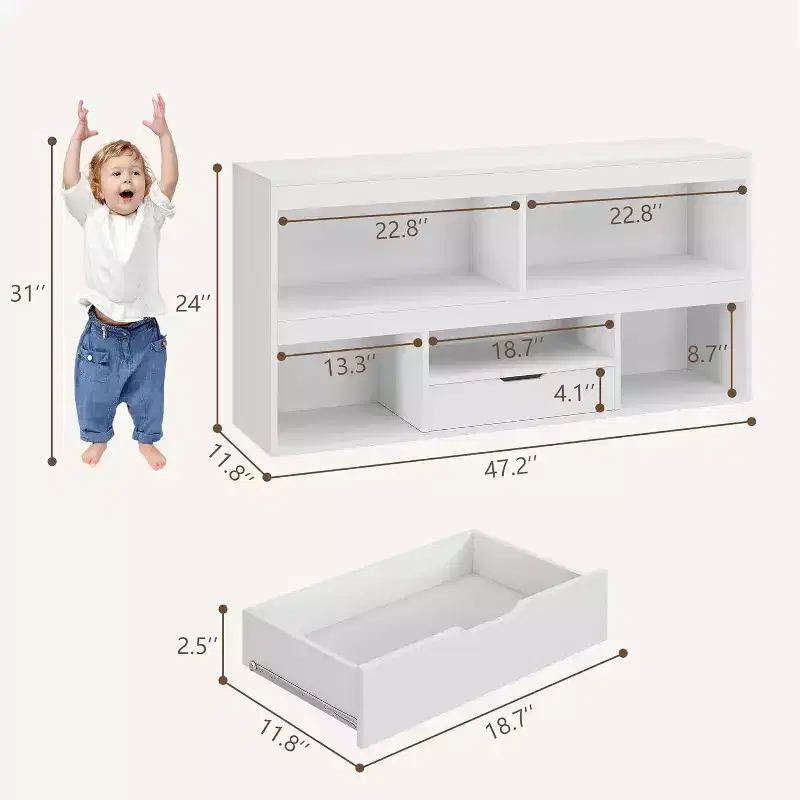 2-Tier Kids Bookshelf & Toy Organizer with 5 Cubbies + 1 Drawer, White for Playroom/Kids' Room